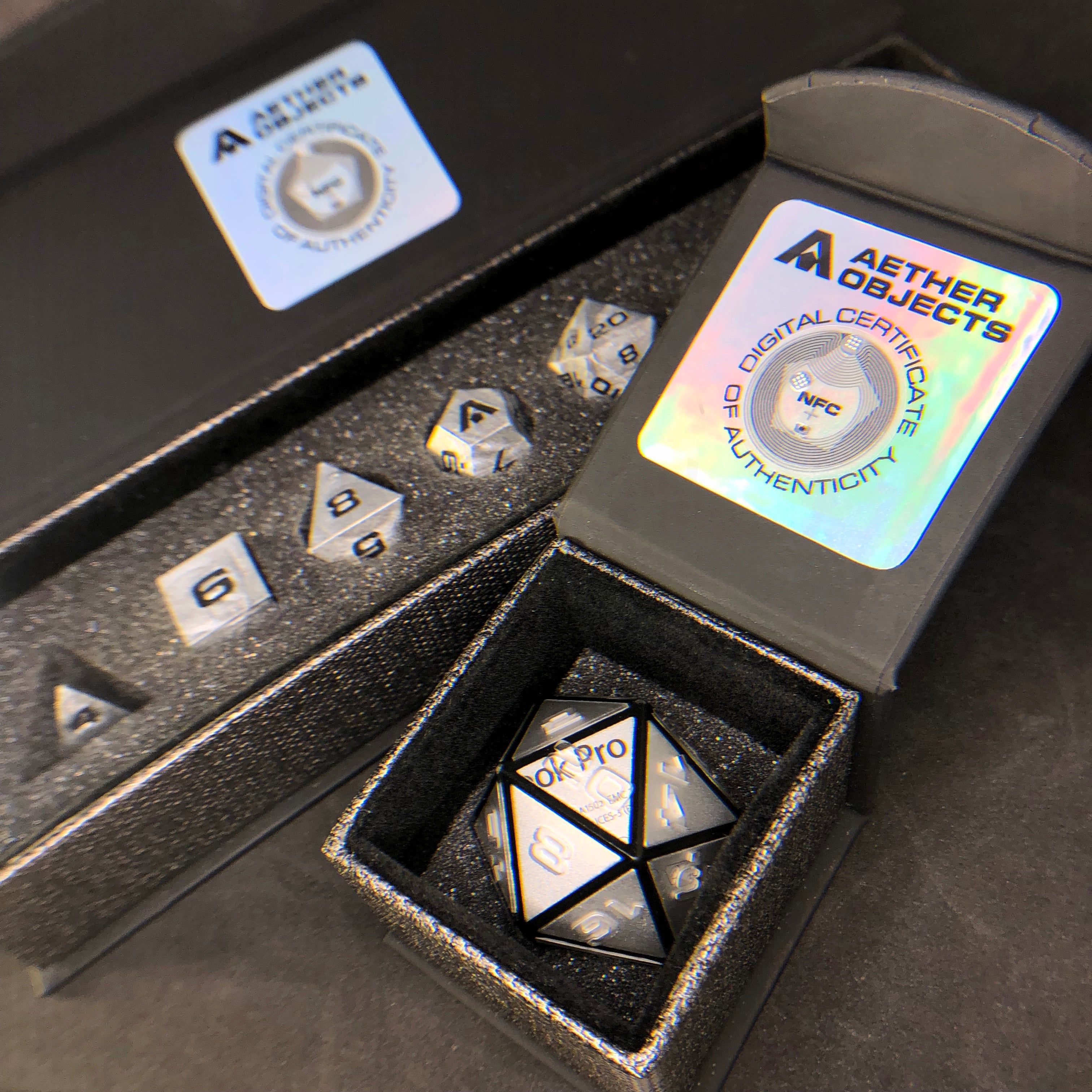 Aether Objects dice boxes with digital certificates of authenticity