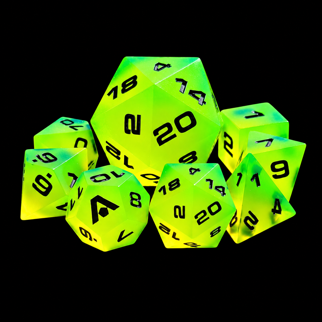 Chartreuse Dice 7-piece set along with a 35mm D20 chonk